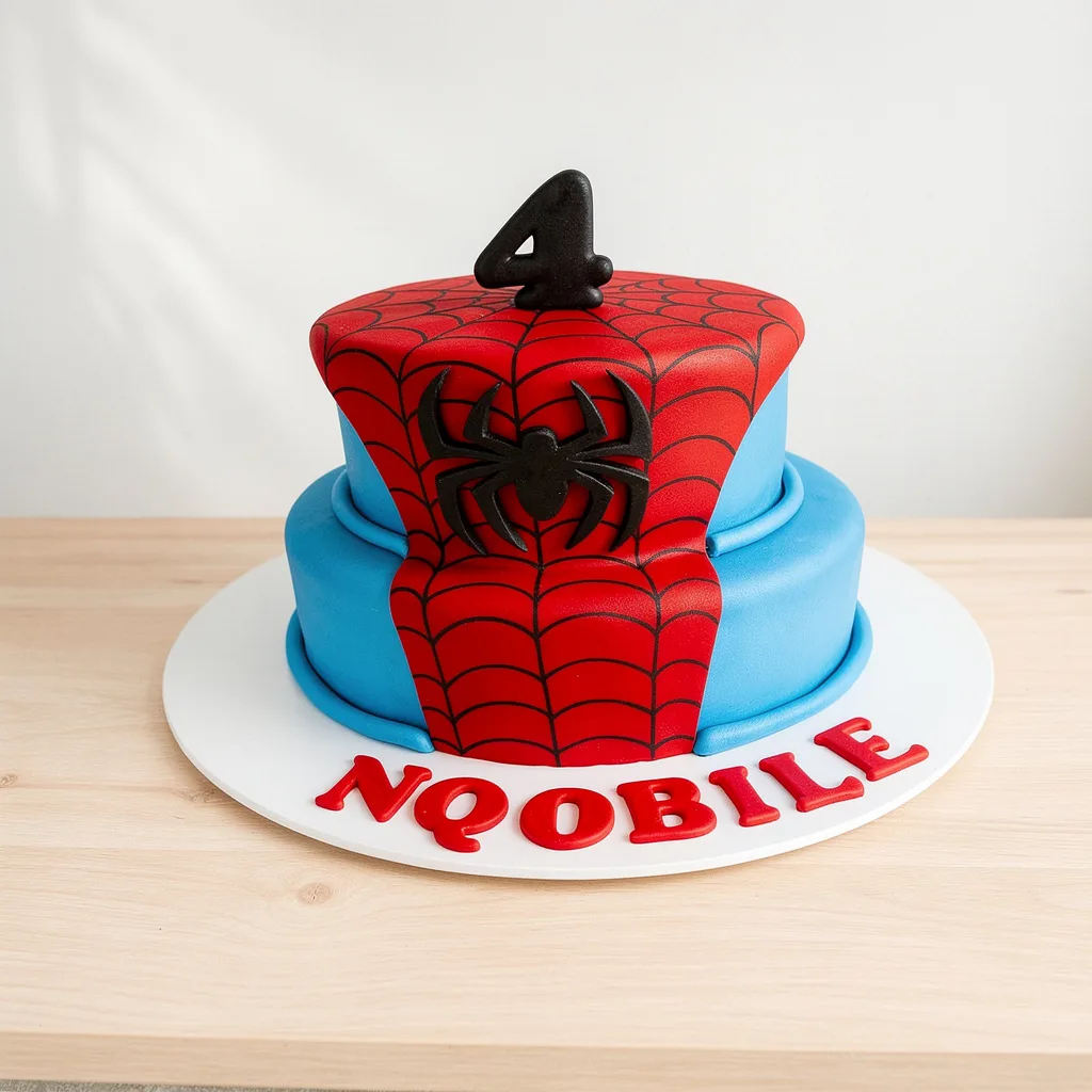 Two-tier birthday cake with red and blue fondant, black spider decoration and number 4 topper