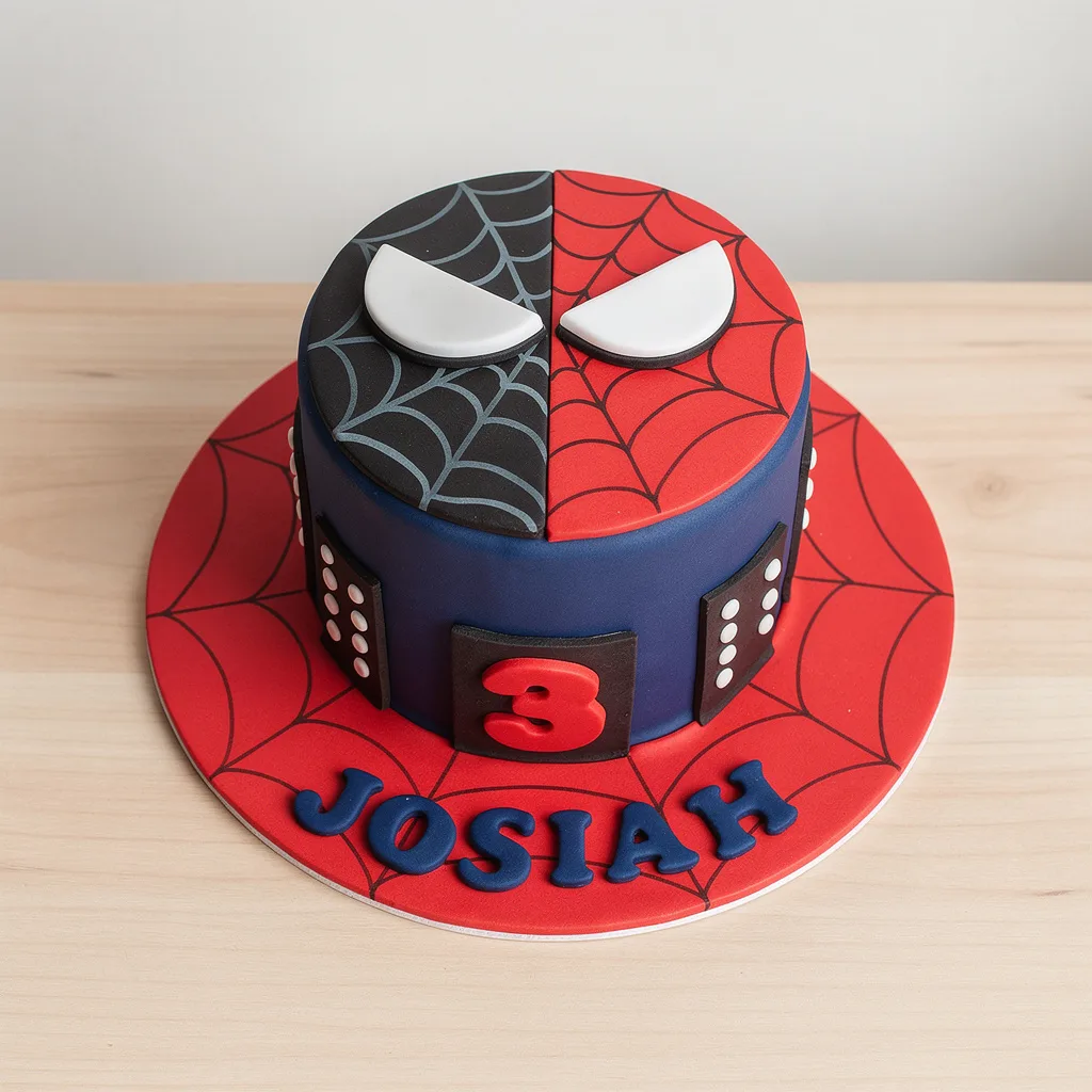 Round blue and red Spiderman-themed birthday cake with web patterns and large white eyes on top