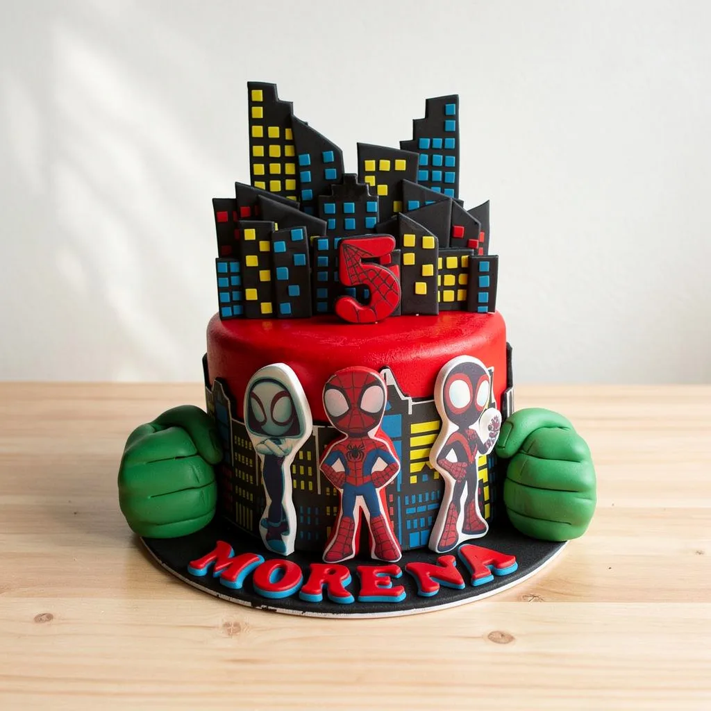 Red cake decorated with cityscape and Spider-Man themed figures with green fists on each side
