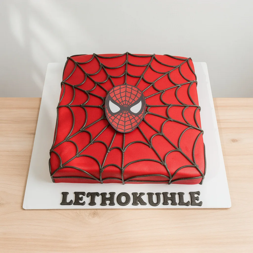 Square red cake with black spiderweb design and Spiderman face on top
