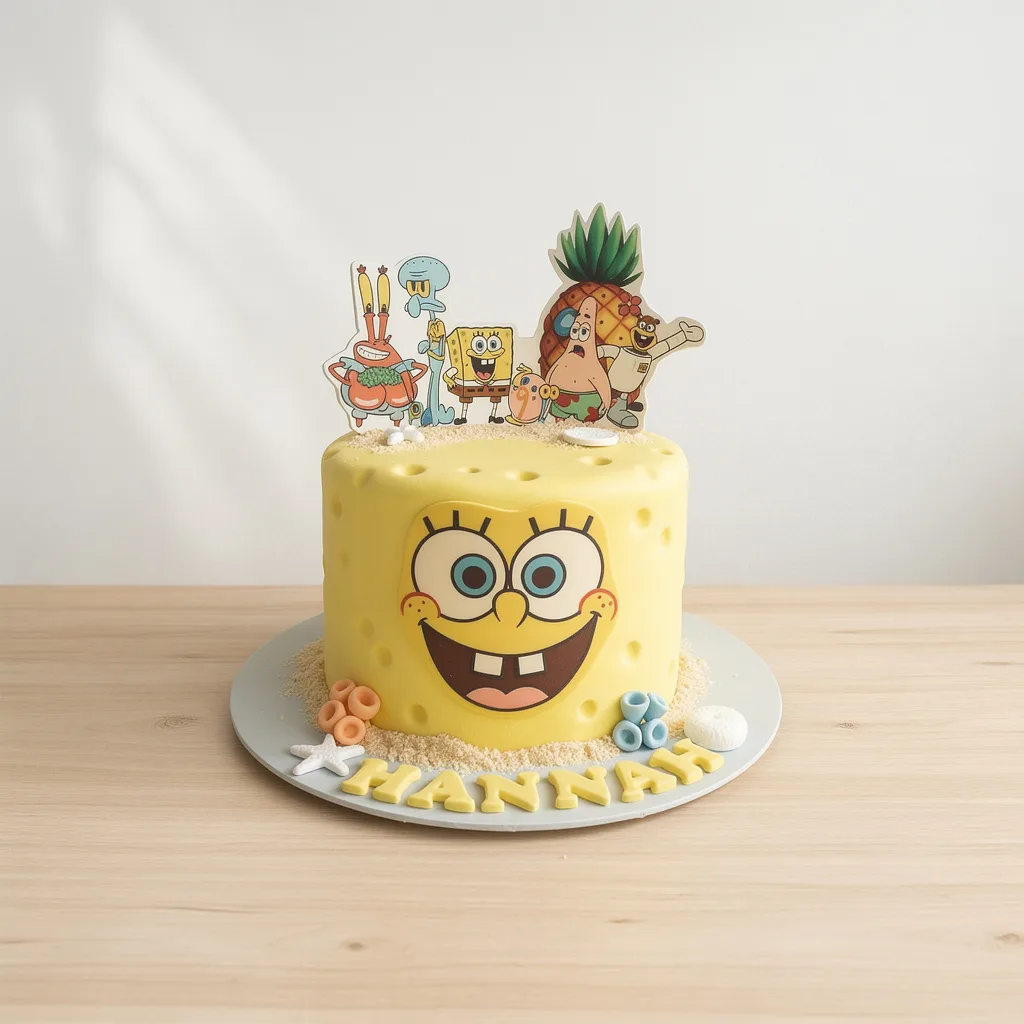 Yellow round cake decorated with SpongeBob's face and cartoon character toppers.