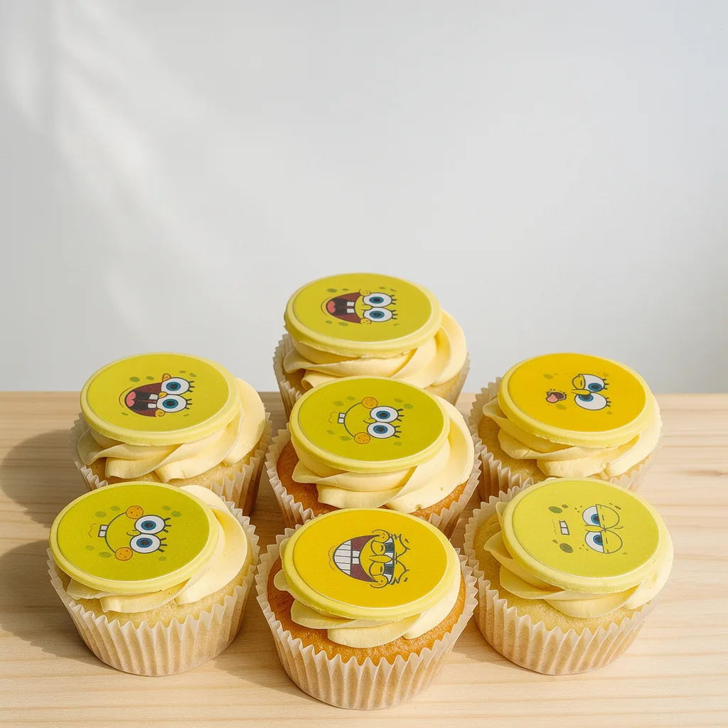 Seven vanilla cupcakes with yellow frosting and edible toppers of various SpongeBob SquarePants faces