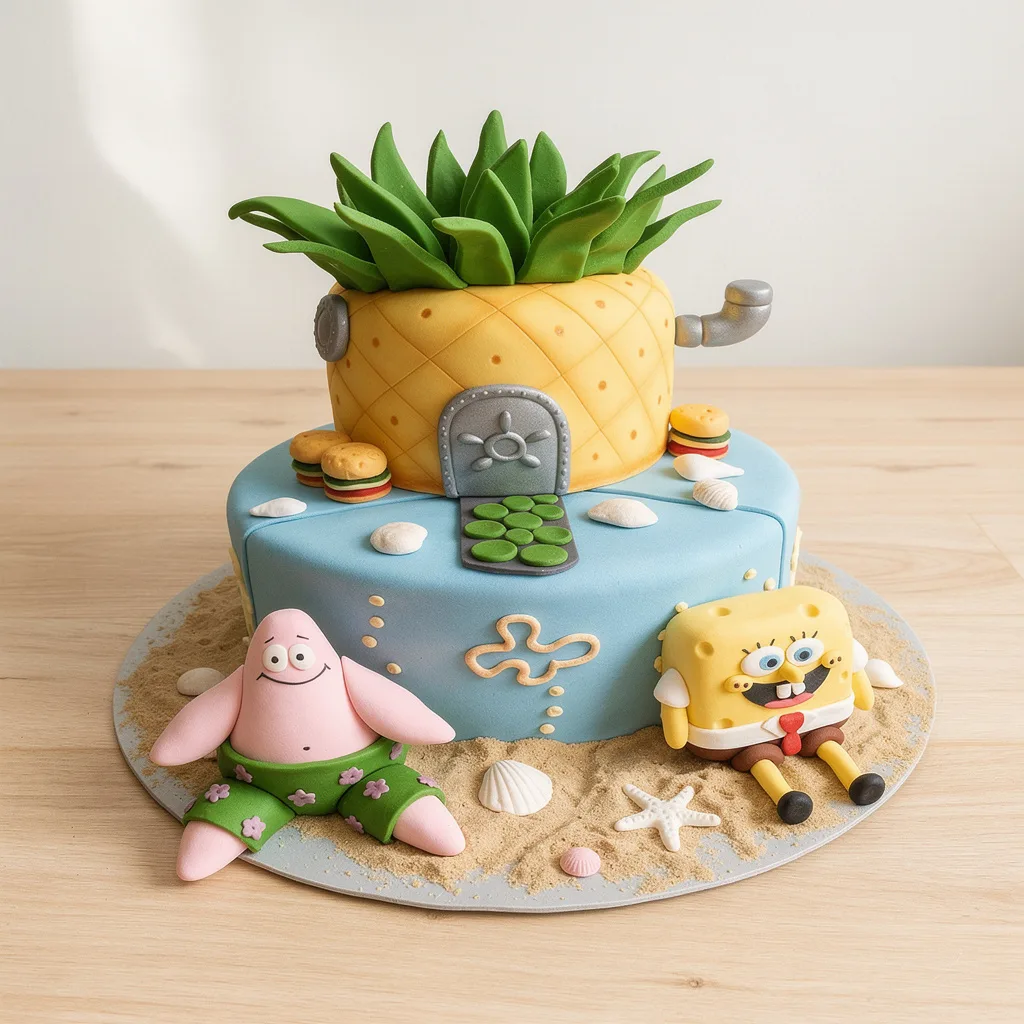 Two-tier cake with blue ocean base and yellow pineapple house top, featuring SpongeBob and Patrick characters
