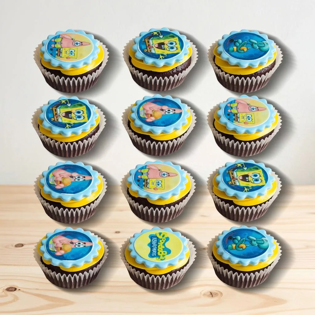 Chocolate cupcakes with blue and yellow icing topped with edible SpongeBob SquarePants and Patrick edible images