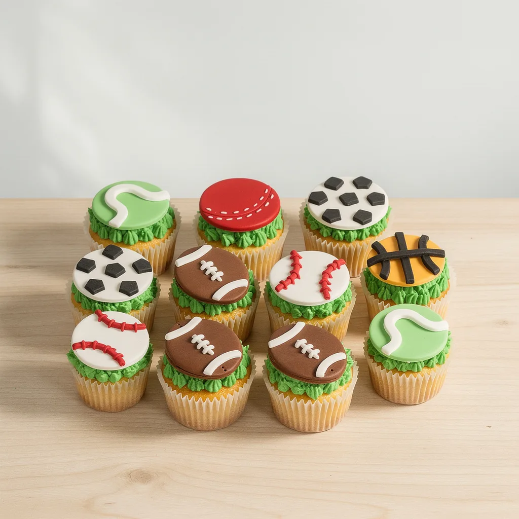 A set of 11 cupcakes decorated with fondant toppers of various sports balls on green icing.