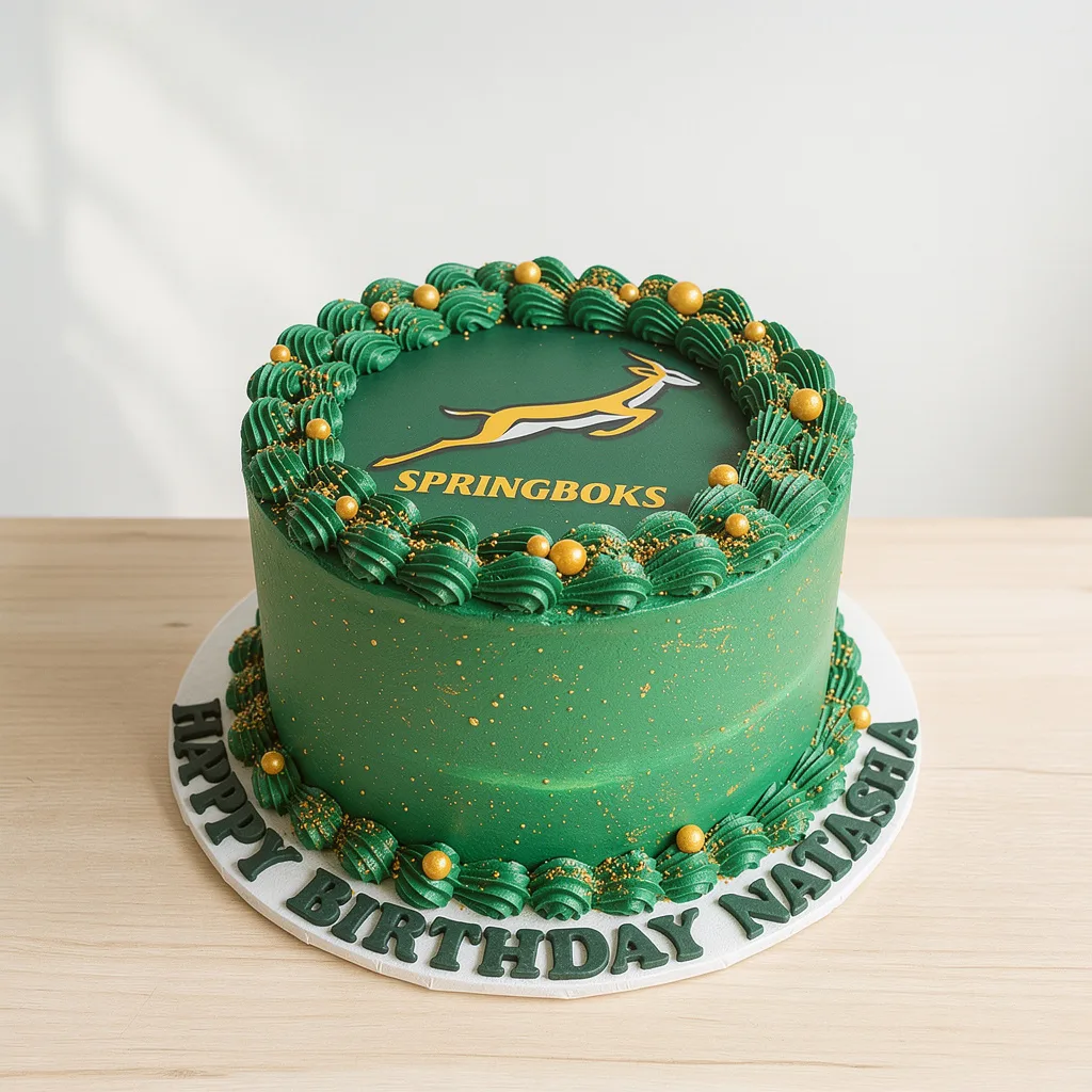 Green birthday cake decorated with the Springboks rugby logo and gold edible decorations
