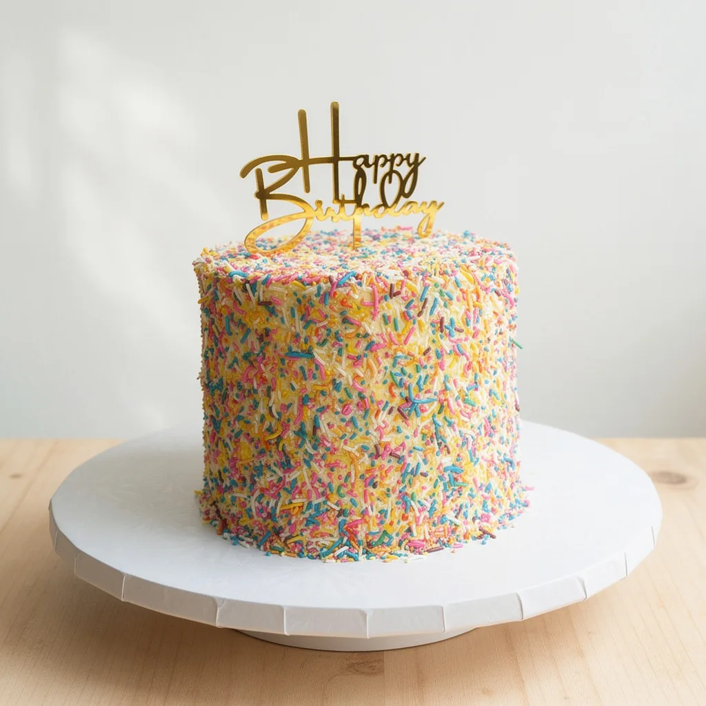 Tall birthday cake covered in colorful rainbow sprinkles with a gold Happy Birthday topper