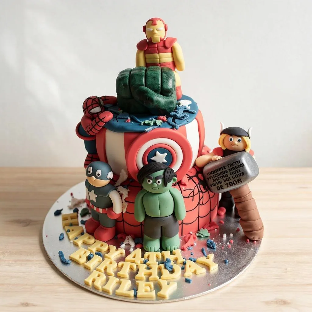 Two-tiered superhero cake featuring Hulk's fist, Iron Man, Thor, Spider-Man, Captain America, and Hulk figures