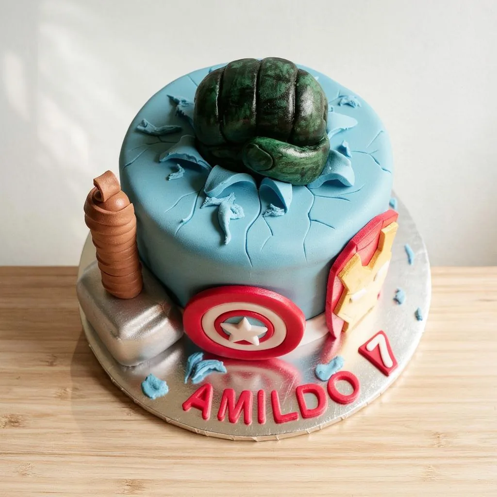 Round blue cake with superhero symbols and a green fist on top