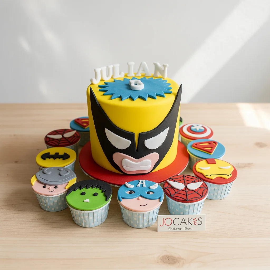Yellow cake with Wolverine mask and superhero-themed cupcakes including Spiderman and Iron Man