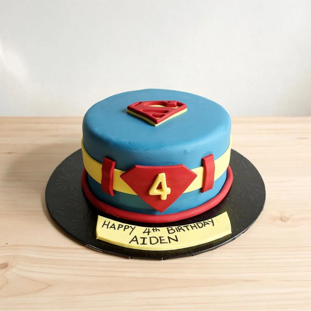 Round blue cake with a red and yellow superhero emblem and number 4 on the side
