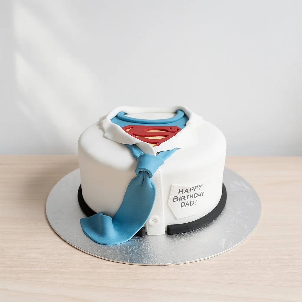 Round cake shaped as a white shirt with blue tie revealing superhero logo underneath