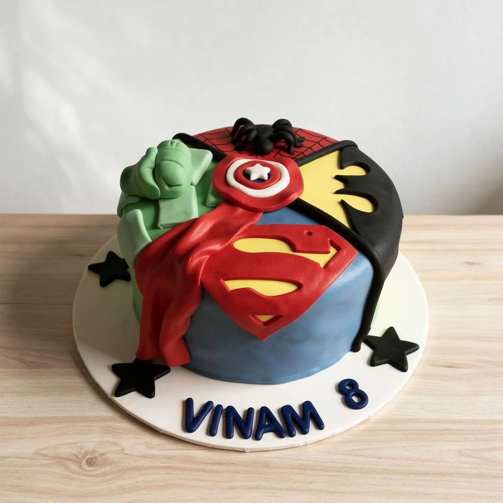 Round cake decorated with fondant superhero emblems including Hulk's fist, Spider-Man, Captain America's shield, Batman's…