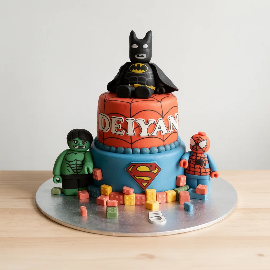 Two-tier cake with superhero figure toppers including Batman, Hulk, and Spider-Man on a silver base with colorful blocks