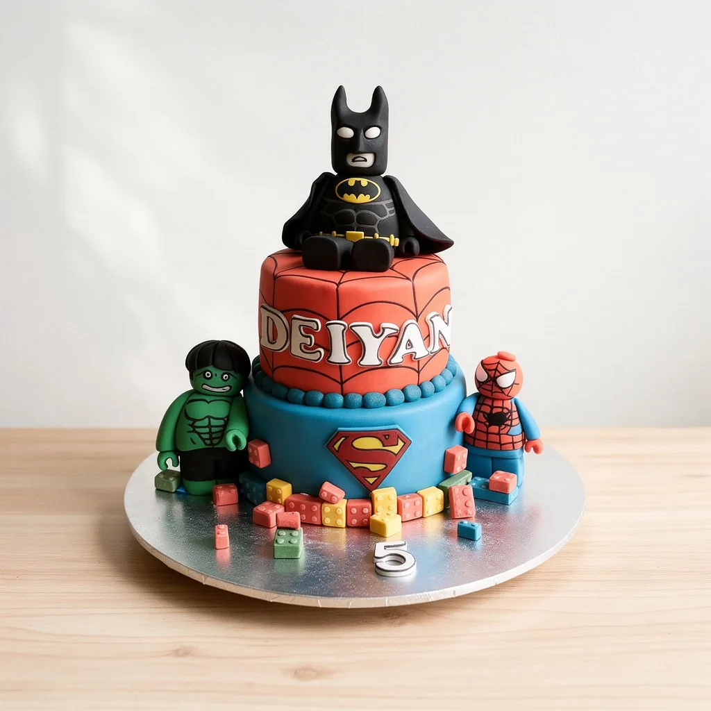 Two-tier cake with Lego-style superhero figures of Batman, Hulk, and Spiderman and colorful building block decorations