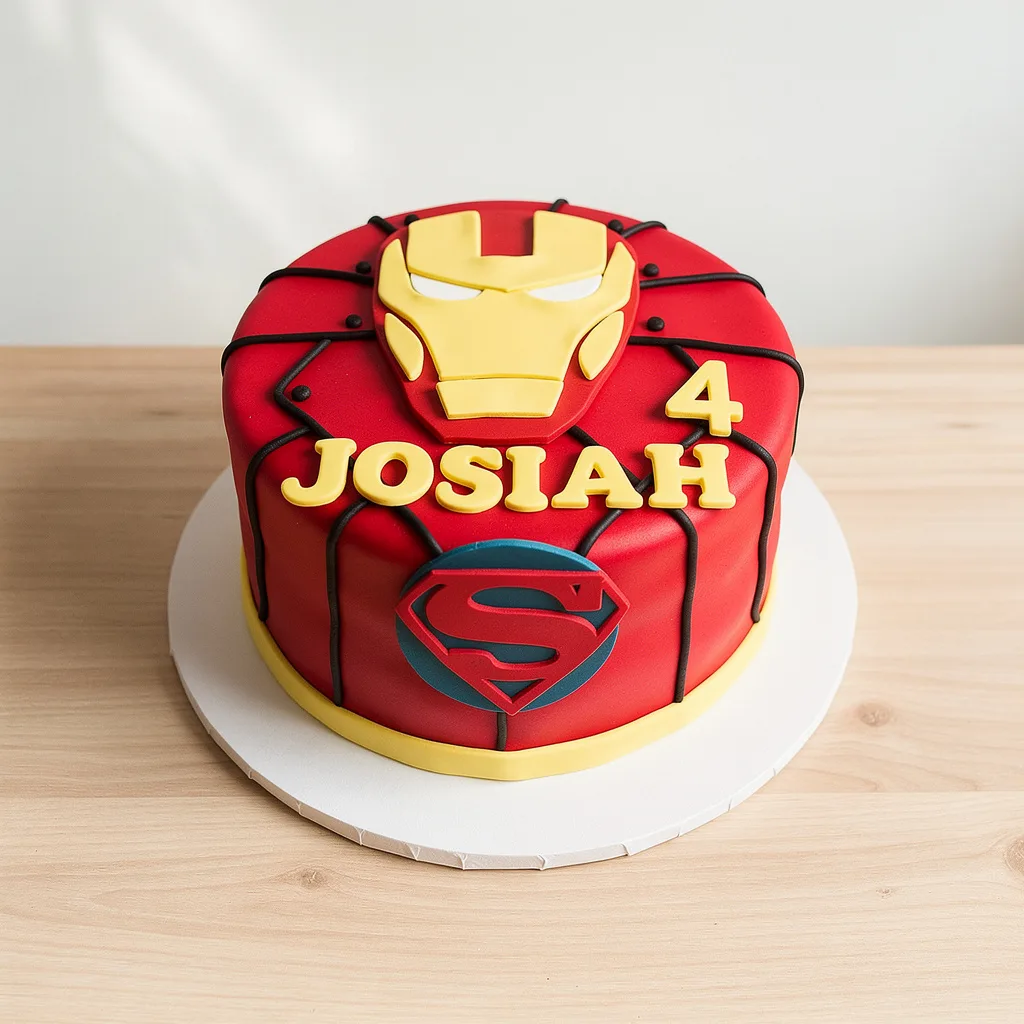 Round red cake with black web pattern, yellow Iron Man mask, Superman logo, and yellow text