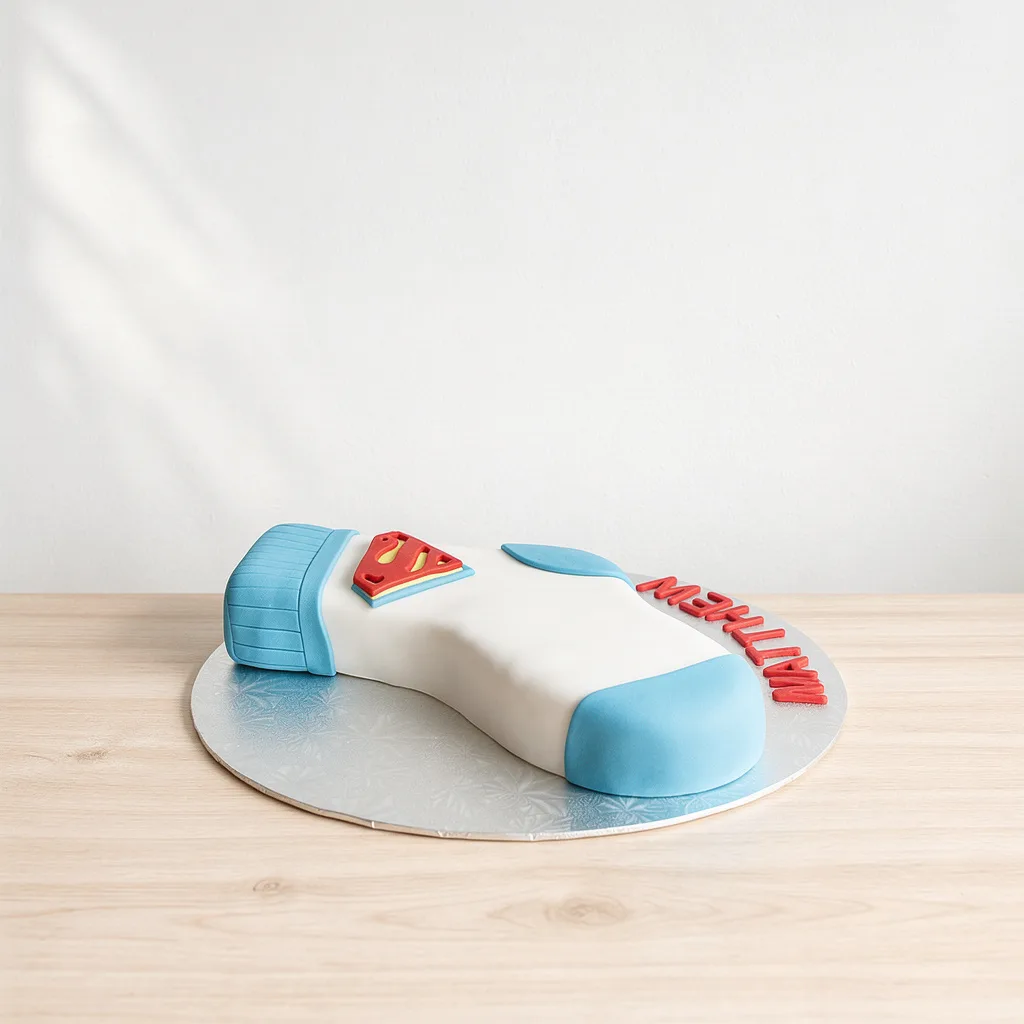 Cake shaped like a white superhero shirt with blue accents and a red and yellow emblem