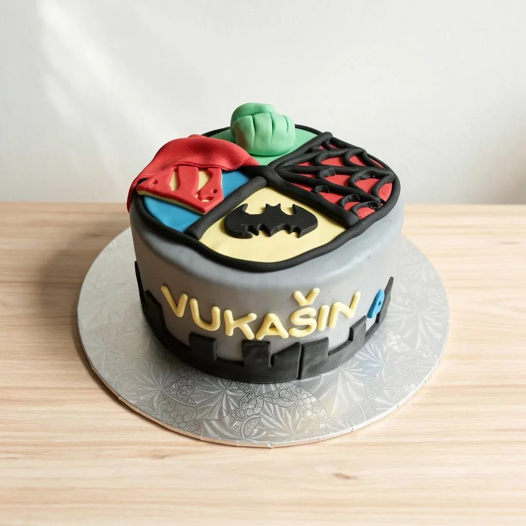 Round gray cake decorated with superhero symbols including a red cape, green fist, spider web, and black bat symbol