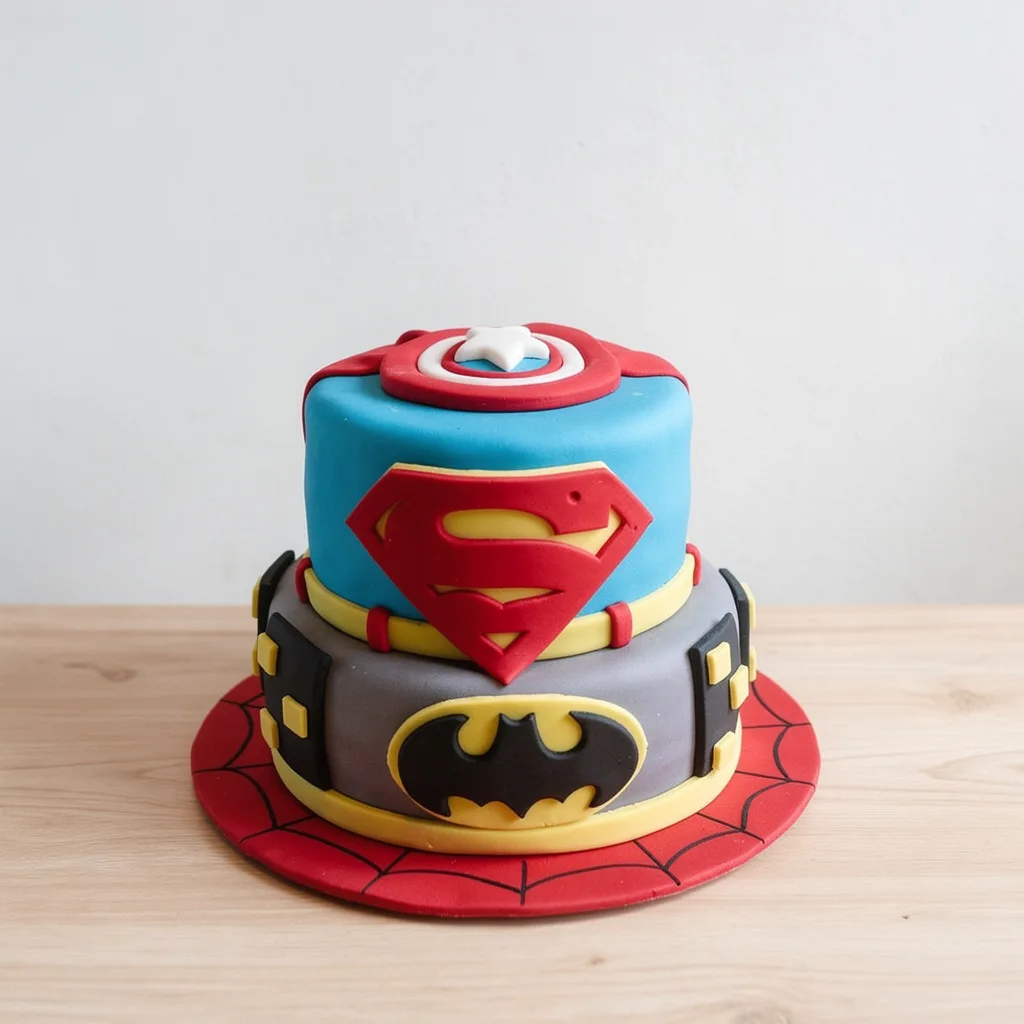 Two-tiered cake decorated with Superman, Batman logos and Captain America shield topper