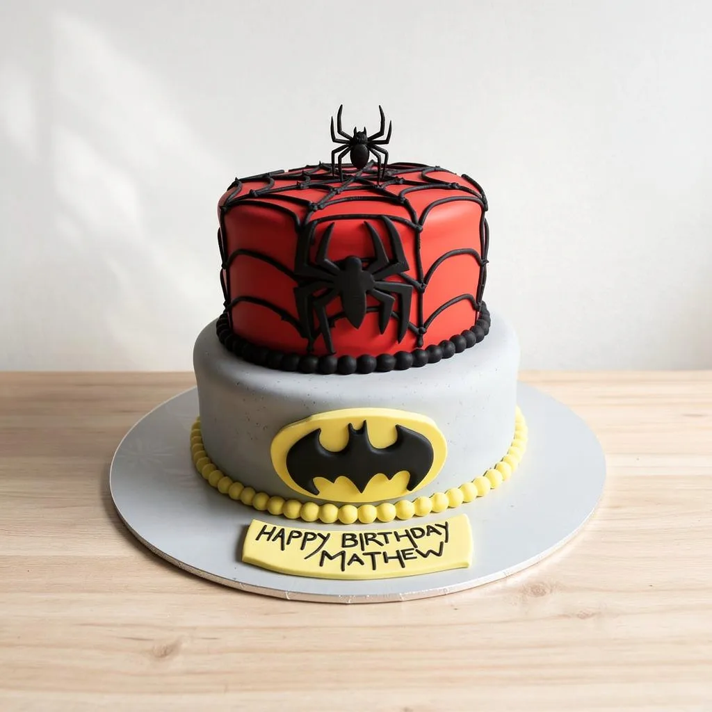 Two-tiered birthday cake with red spiderweb top tier and gray bottom tier featuring a black bat emblem