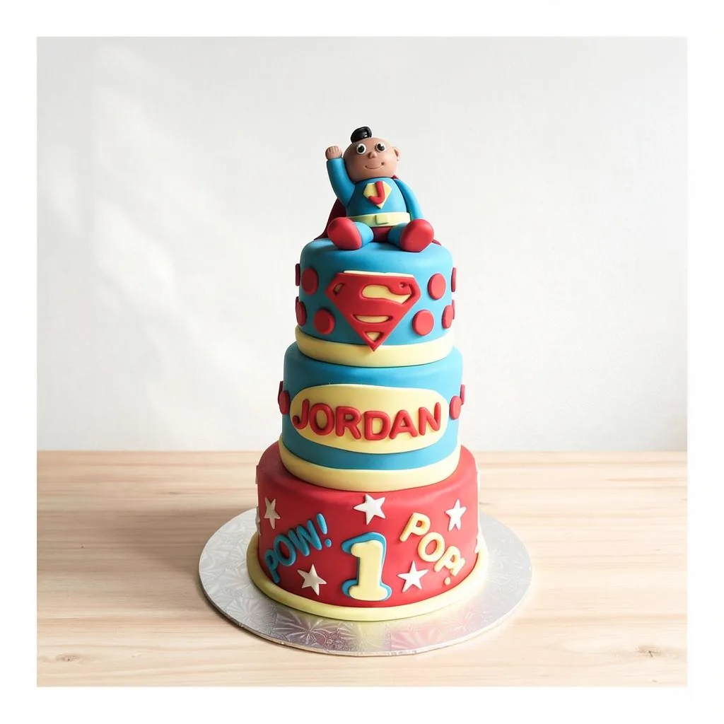 Three-tier superhero-themed cake with red, blue, and yellow colors and a fondant baby superhero topper