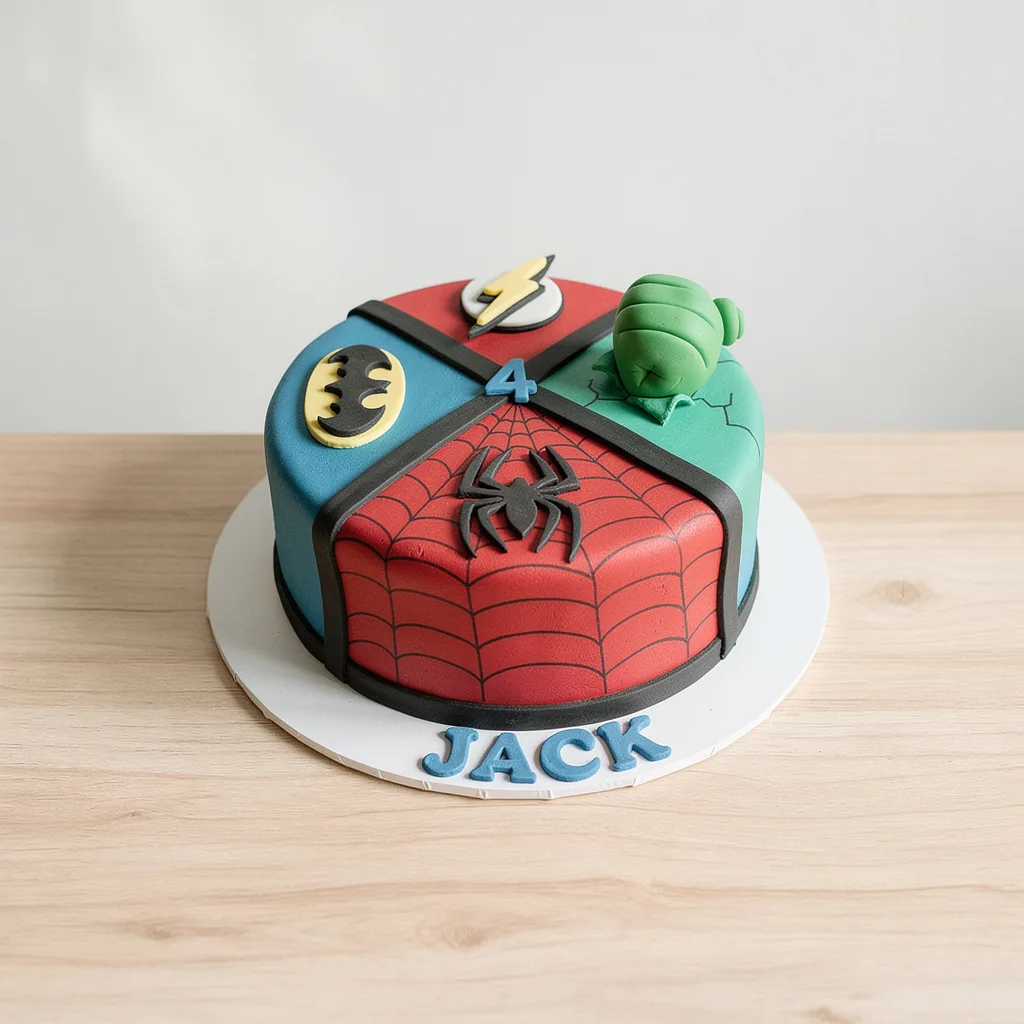 Round birthday cake divided into sections with Batman, Flash, Hulk, and Spider-Man designs and a number 4 topper
