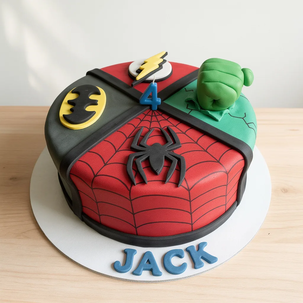 Round superhero birthday cake decorated with fondant logos and symbols including Spider-Man, Batman, Hulk fist, and Flash