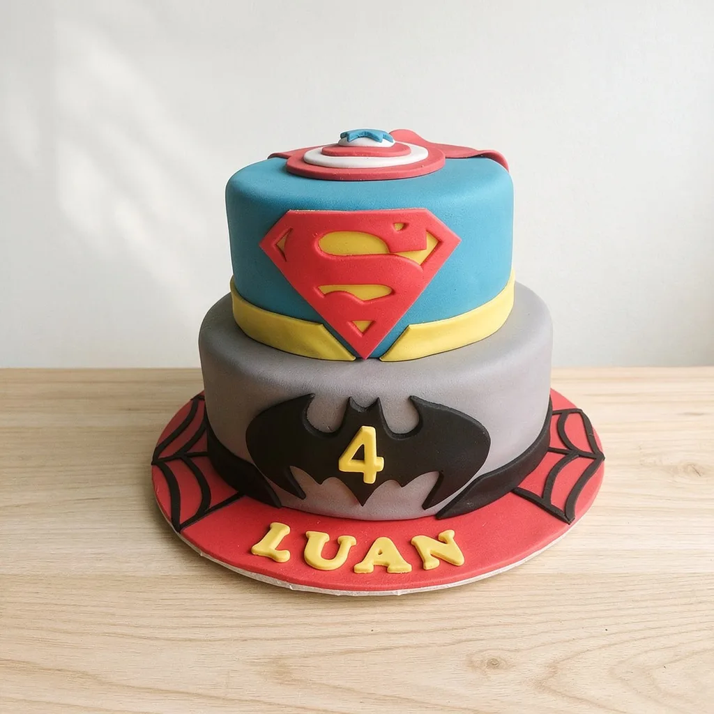 Two-tier superhero birthday cake with Superman emblem on top tier and Batman logo on bottom tier