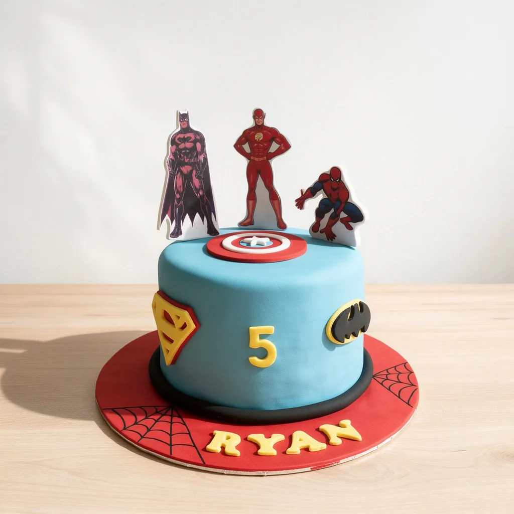 Blue round cake with superhero logos and figurines on top for a fifth birthday