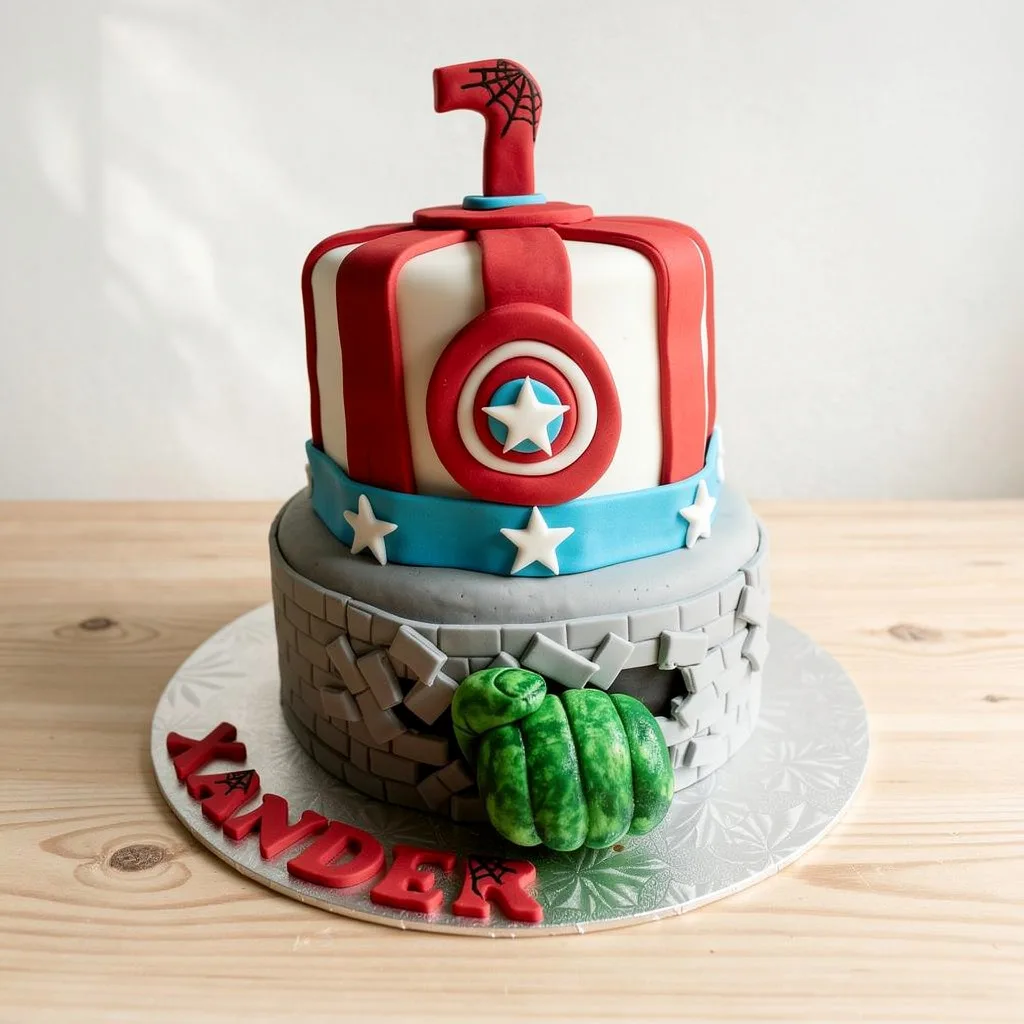 Two-tier birthday cake with superhero themes including shield, stars, and green fist