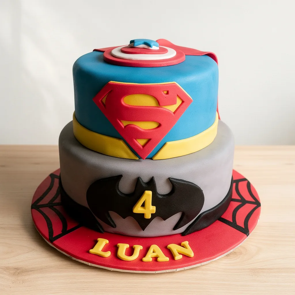 Two-tiered superhero birthday cake with Superman and Batman logos and spider web decorated base