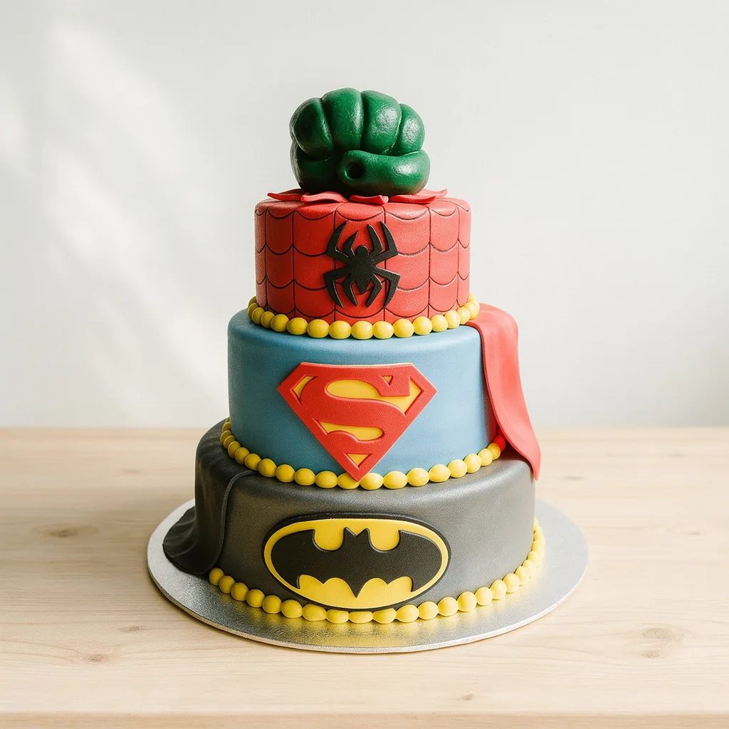 Three-tier cake decorated with Batman, Superman, and Spider-Man logos, topped with a green fist