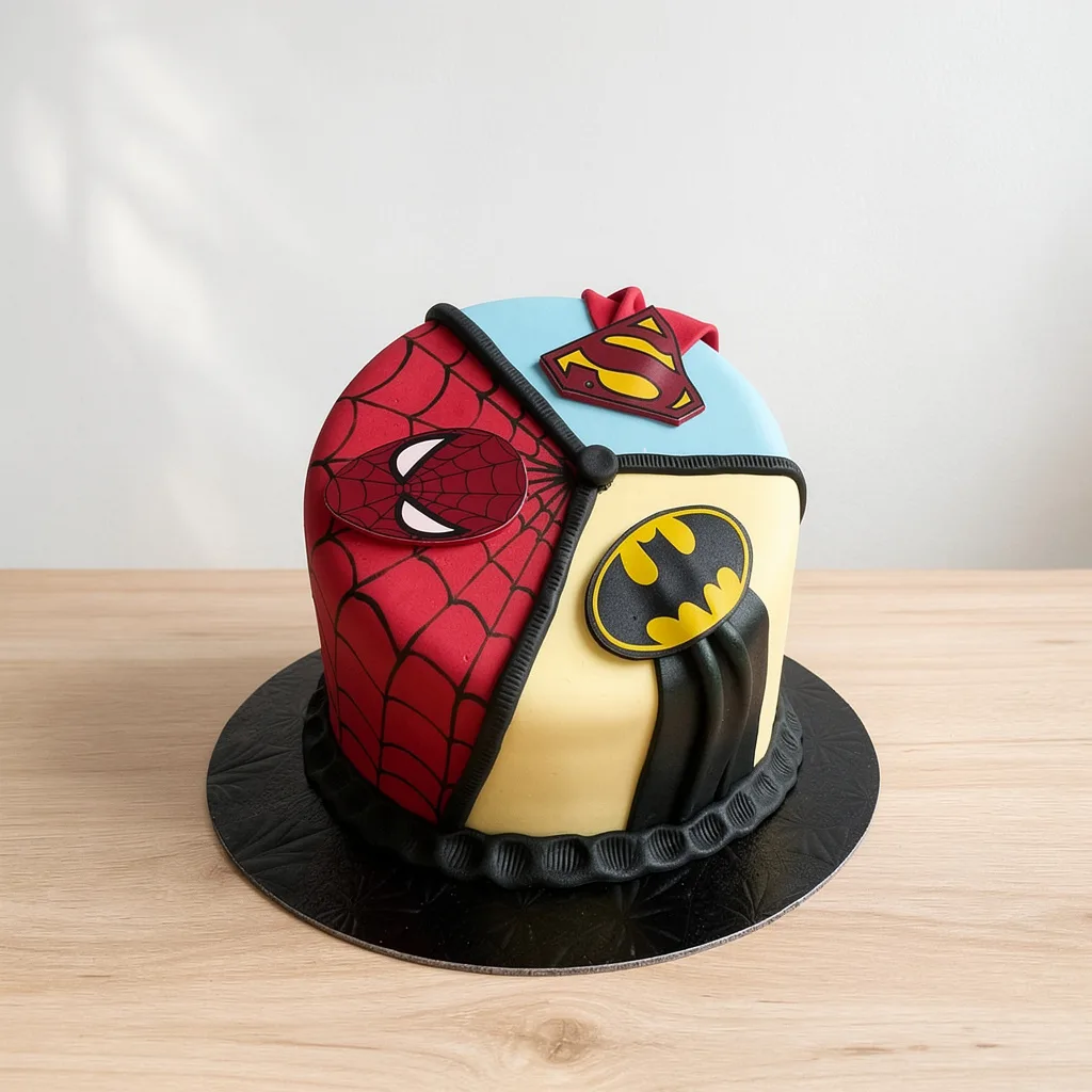 Round cake divided into three sections decorated with Spiderman, Superman, and Batman symbols