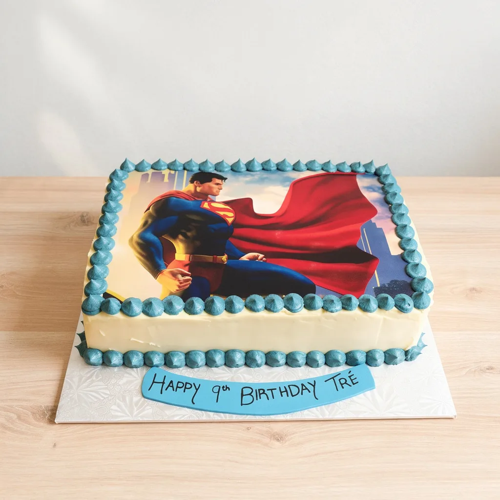 Rectangular cake with Superman image and blue frosting dots