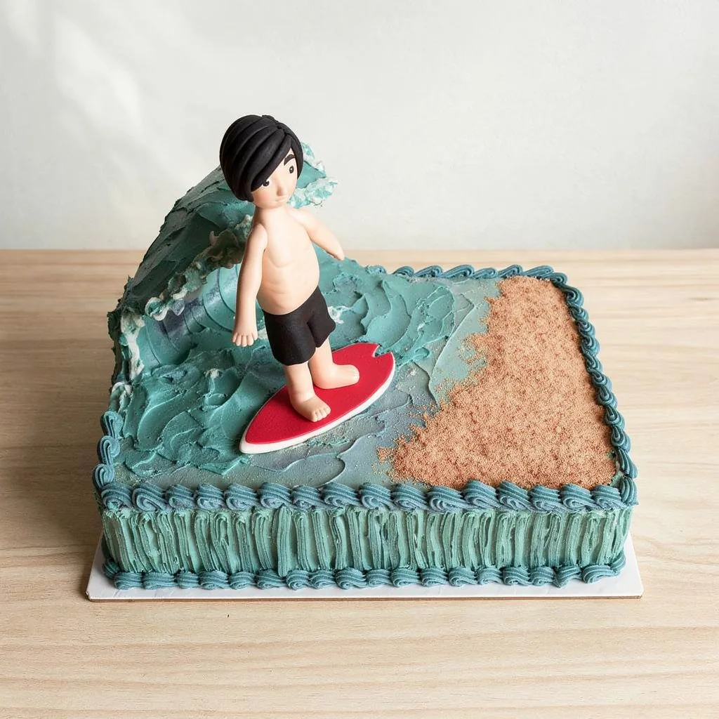 Square cake with icing beach scene and a boy figurine surfing a wave on a red board
