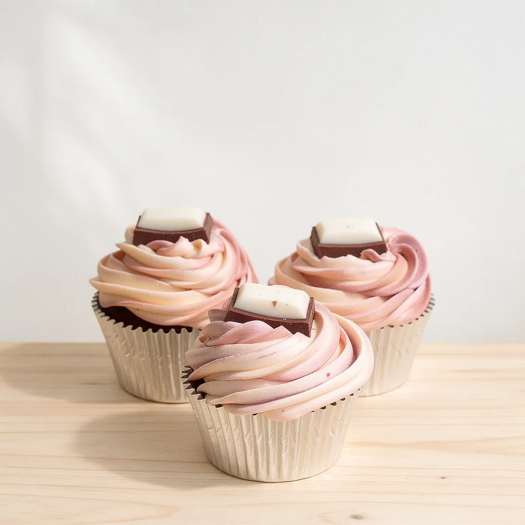 Three cupcakes with pink and cream swirled frosting topped with white and dark chocolate pieces