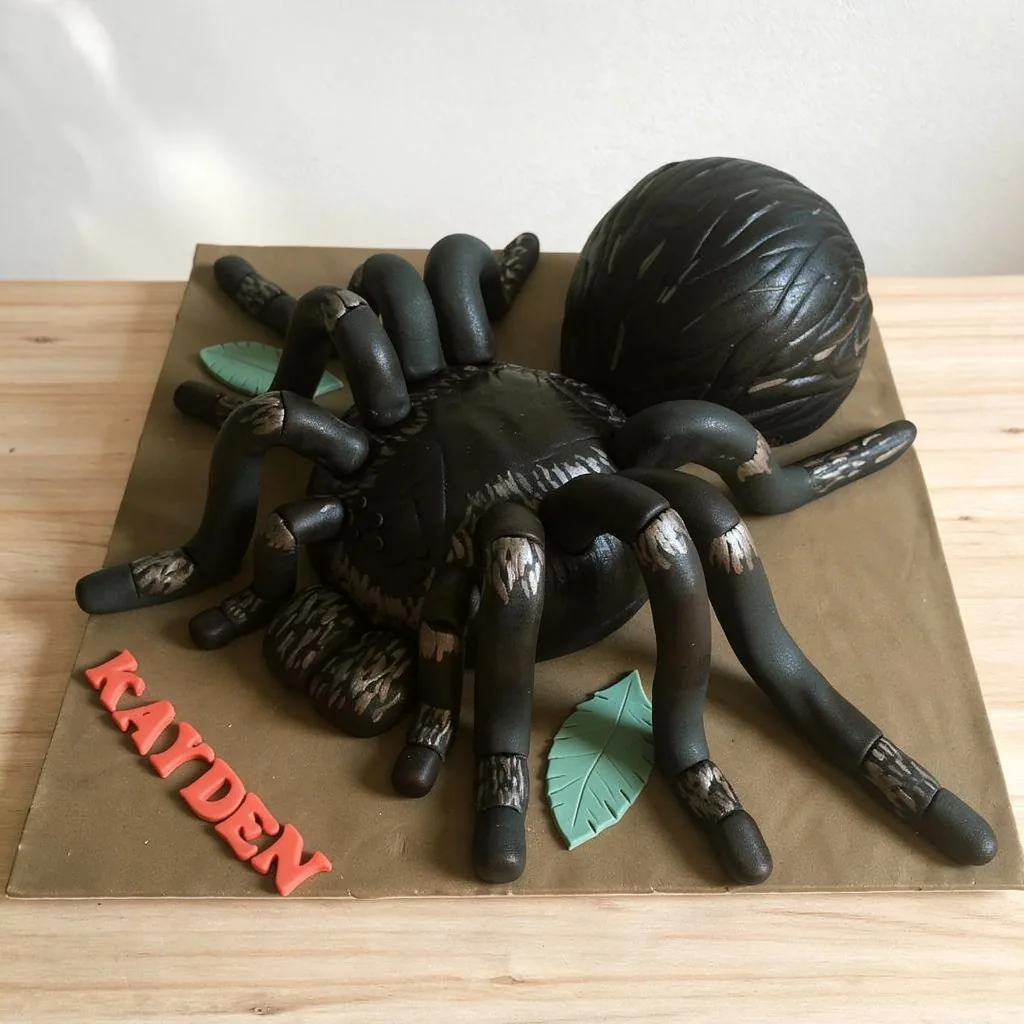 Realistic tarantula spider cake with black and brown pattern on a brown board with green leaves