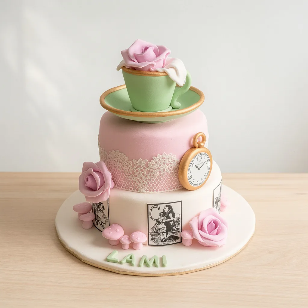 Two-tiered tea party cake with green teacup and pink roses on top, lace design and vintage illustrations