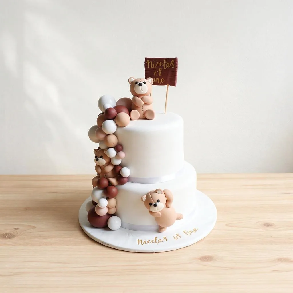 Two-tier white cake decorated with brown and cream teddy bears and clusters of spherical shapes