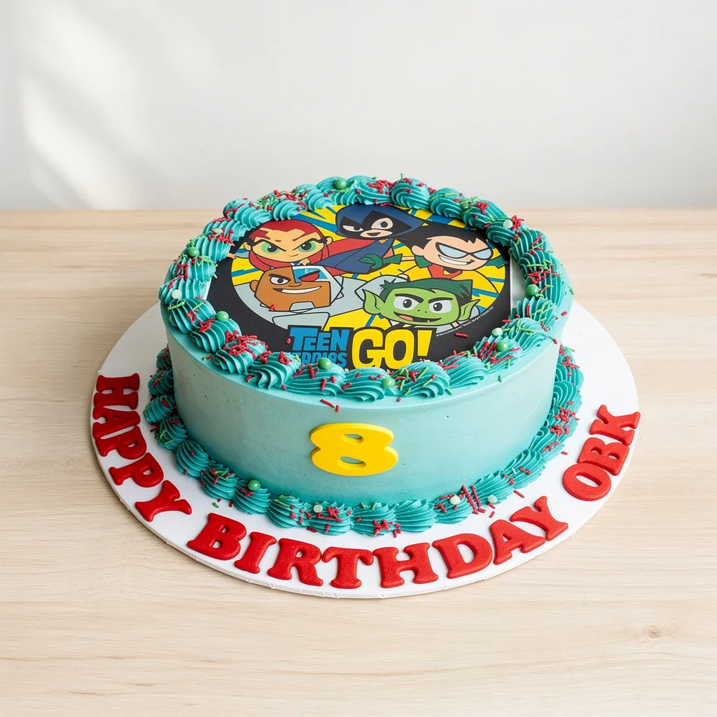Round blue birthday cake with Teen Titans Go! characters and red Happy Birthday lettering
