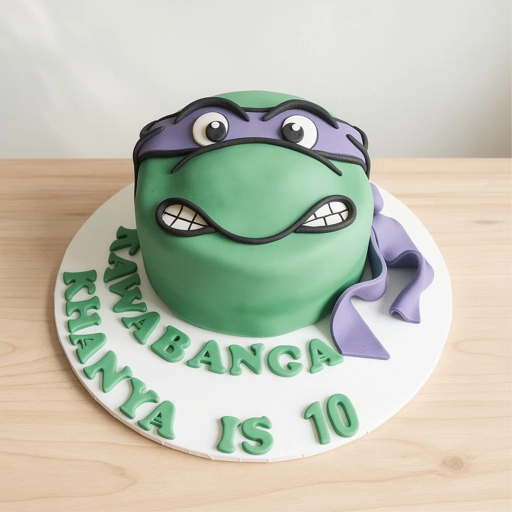 Round green cake decorated as Ninja Turtle face with purple mask and white teeth on a white base