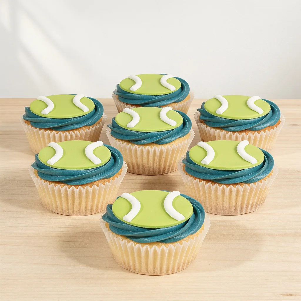 Vanilla cupcakes with blue swirl frosting topped with green fondant tennis balls