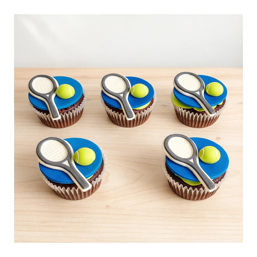 Five chocolate cupcakes with blue and green fondant topped with edible tennis rackets and tennis balls