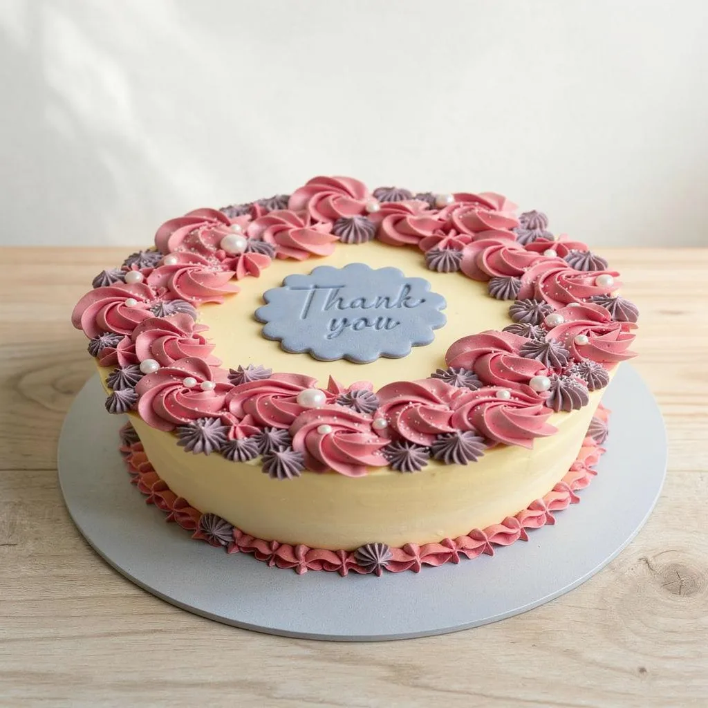 Round cake with pink and purple floral icing and a blue plaque reading thank you