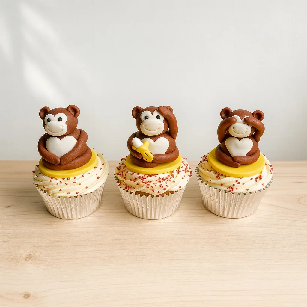 Three cupcakes topped with fondant monkeys showing heart, banana, and see no evil poses