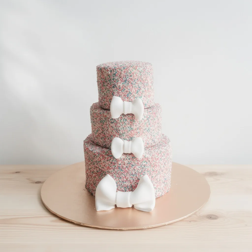 Three-tier round cake with pink, white, and blue sprinkles and three white fondant bows