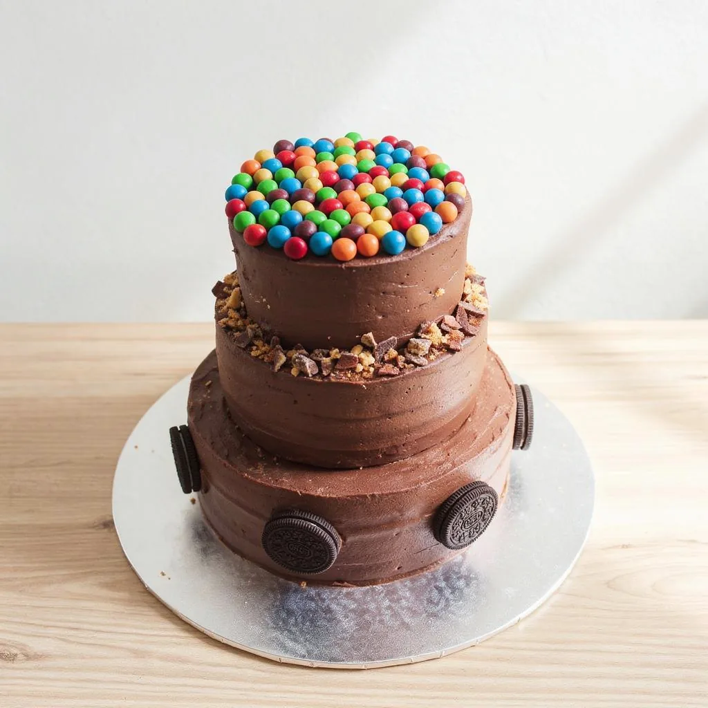 Three tier chocolate cake decorated with colorful round candies, biscuit crumbles, and sandwich cookies