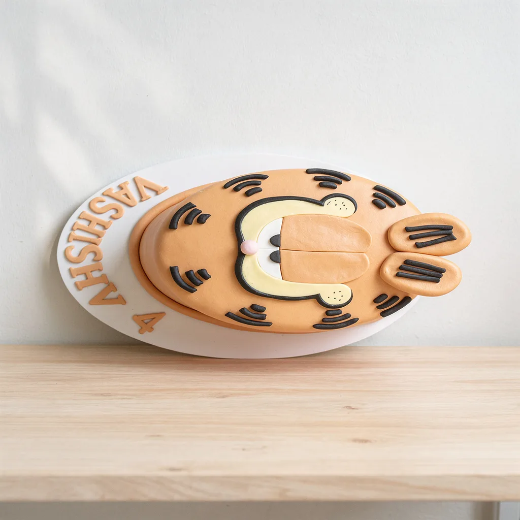 Tiger face cake with orange fondant and black stripes on an oval white base