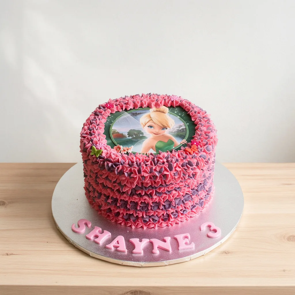 Round cake with pink and purple star-shaped frosting and Tinker Bell edible topper