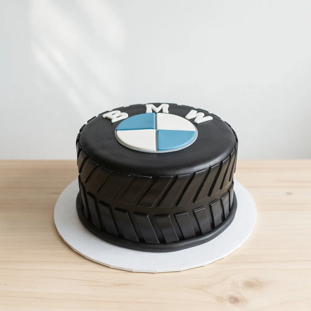 Round black cake resembling a tire with BMW logo and white letters on top